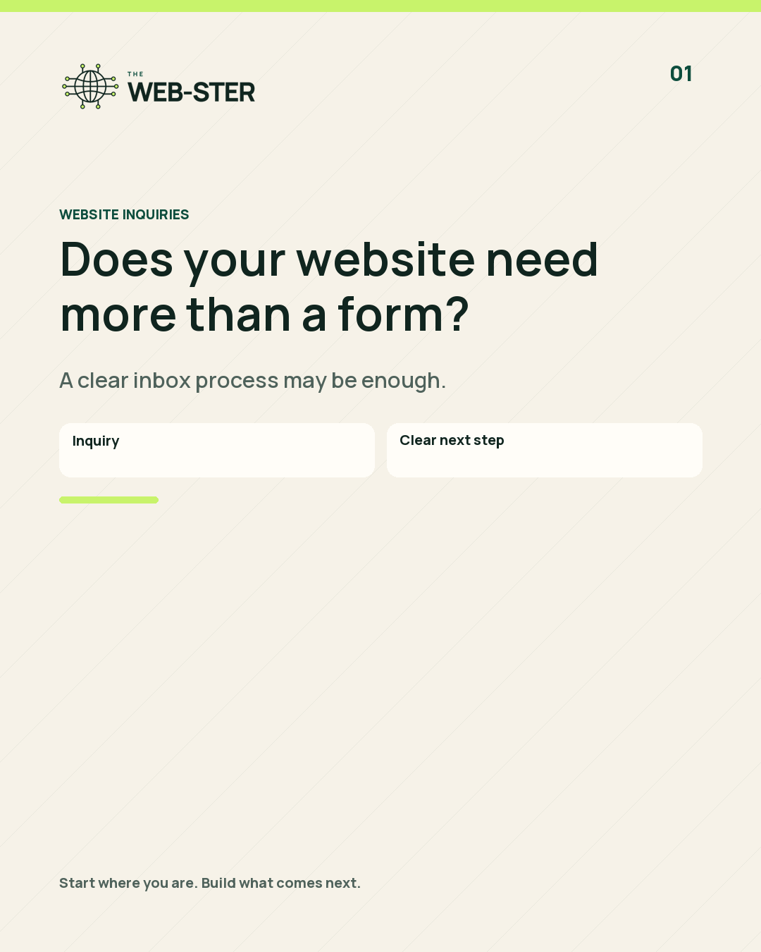 Branded graphic asking when a website needs more than a form, showing an inquiry moving toward a clear next step