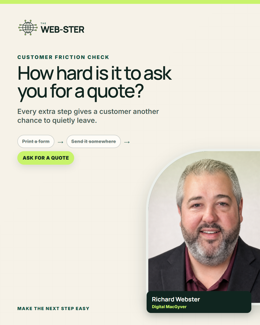 Richard Webster beside a simple quote request path that replaces printing and sending forms