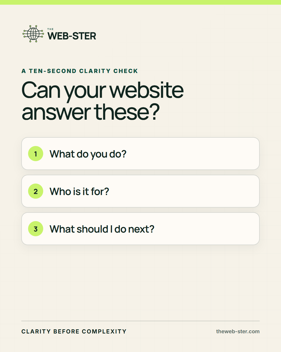 The Web-ster 10 Second Website Test with three questions about the offer, audience, and next step