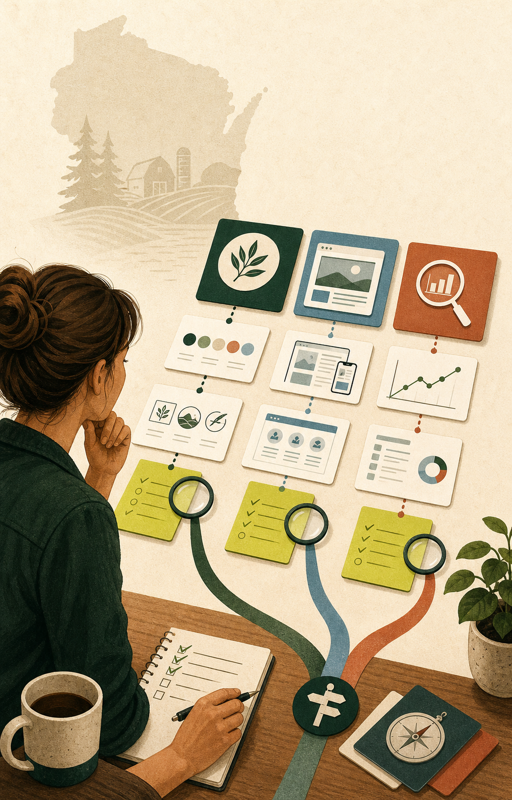 A Wisconsin business owner comparing three organized paths for brand clarity, website experience, and online visibility